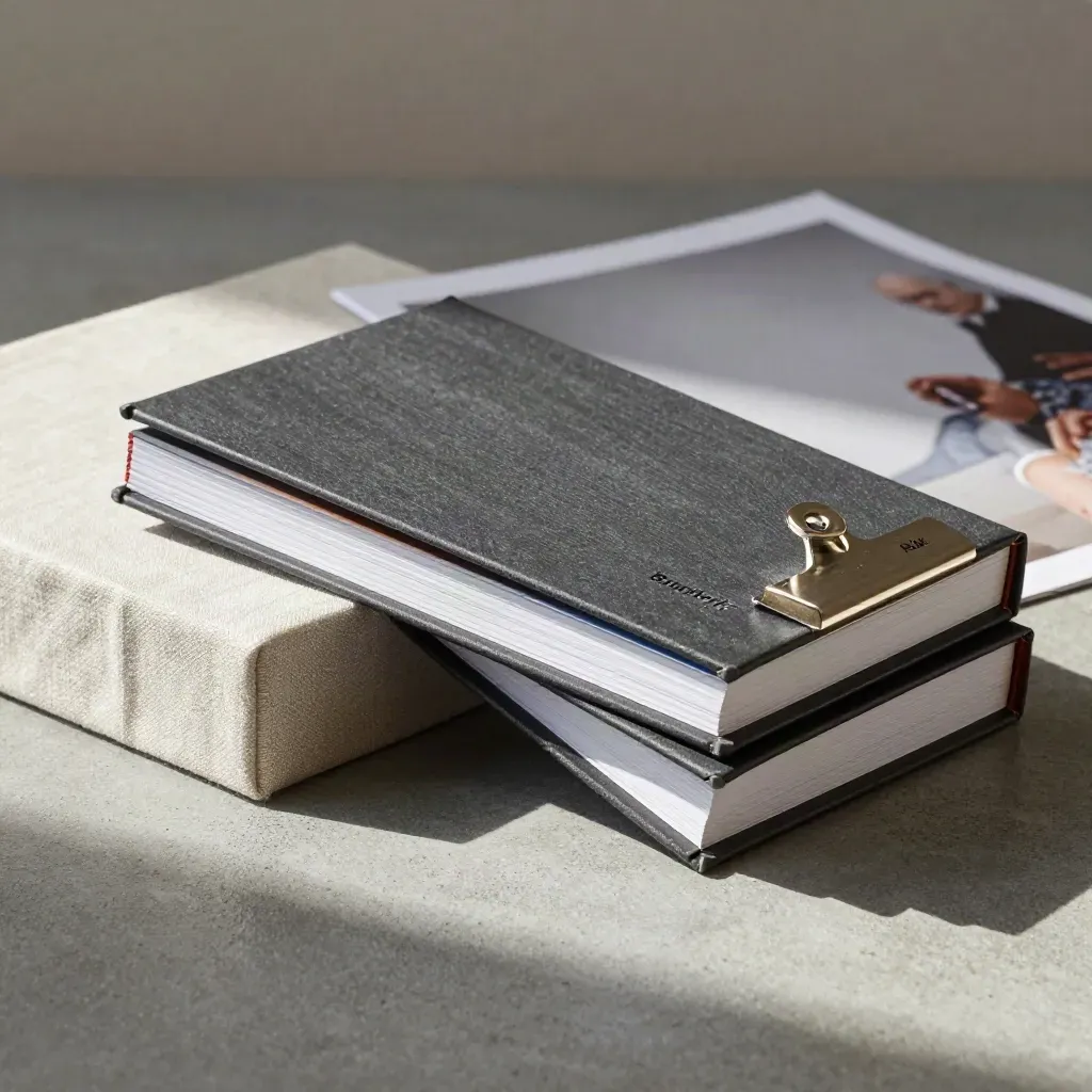 Luxe benchmarkfolio met drie dividers en metalen clip tegen linnen blok, zacht verlicht.