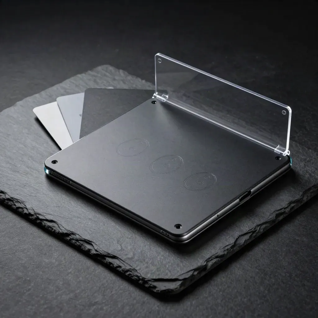 Donkere KPI-scan folio op leisteen met tablet en twee gevouwen kaarten in dramatisch licht.