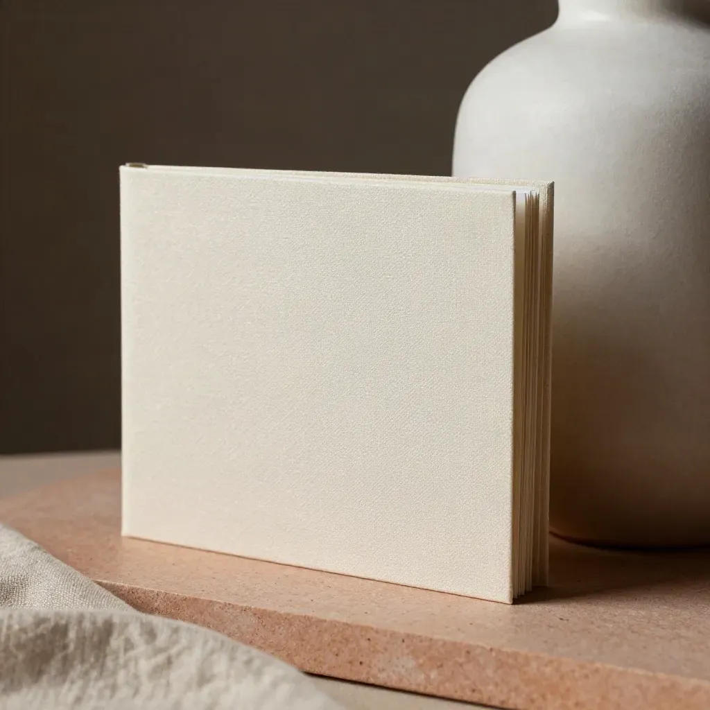 Ivoren zorgpraktijk-folio naast een keramische vaas, met linnen textuur en zachte terracottatint.