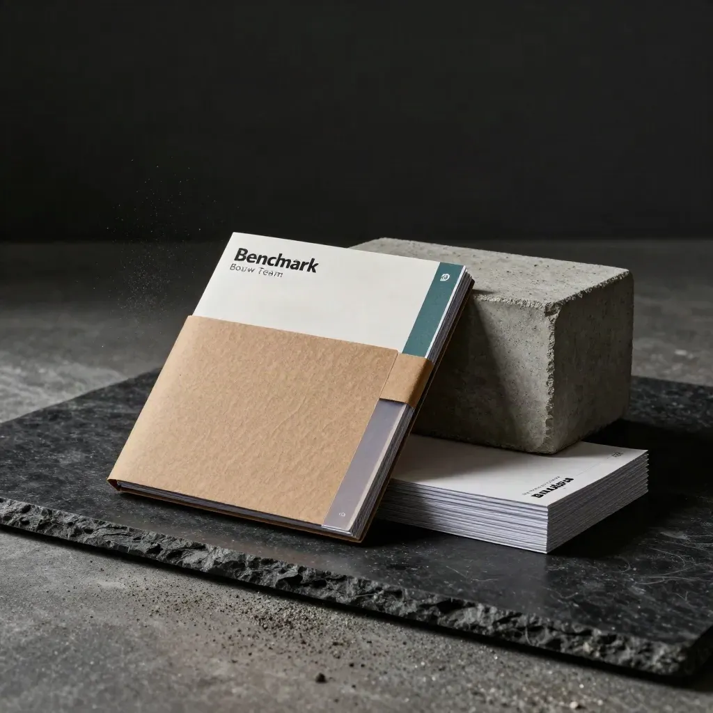 Rugged rapportset op zwarte steen, met stof, kaarten en teal detail.
